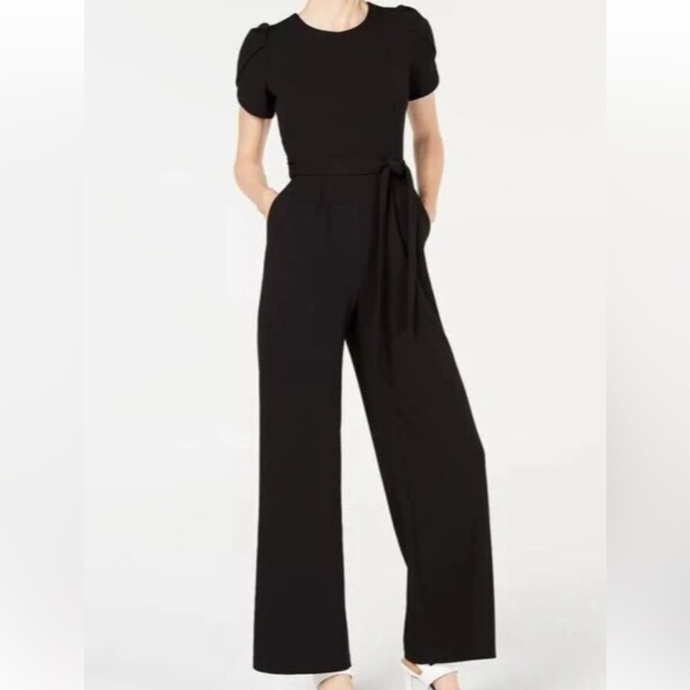 NWT Calvin Klein Jumpsuit Tulip Sleeve Belted Wide Leg Pockets 10 Charcoal Gray